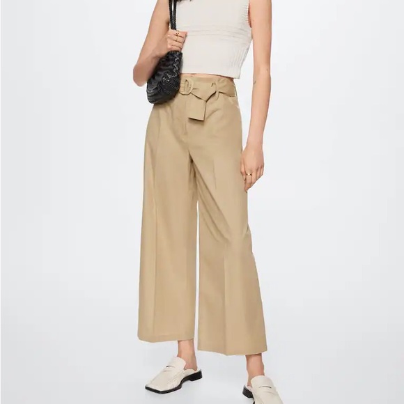 Mango Pants - Mango Belted Khaki Cotton Wide Leg Pants